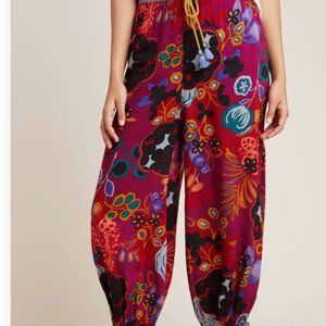Anthropologie Boho Floral Harem Pants Medium Elastic Waist Tie Ankle
